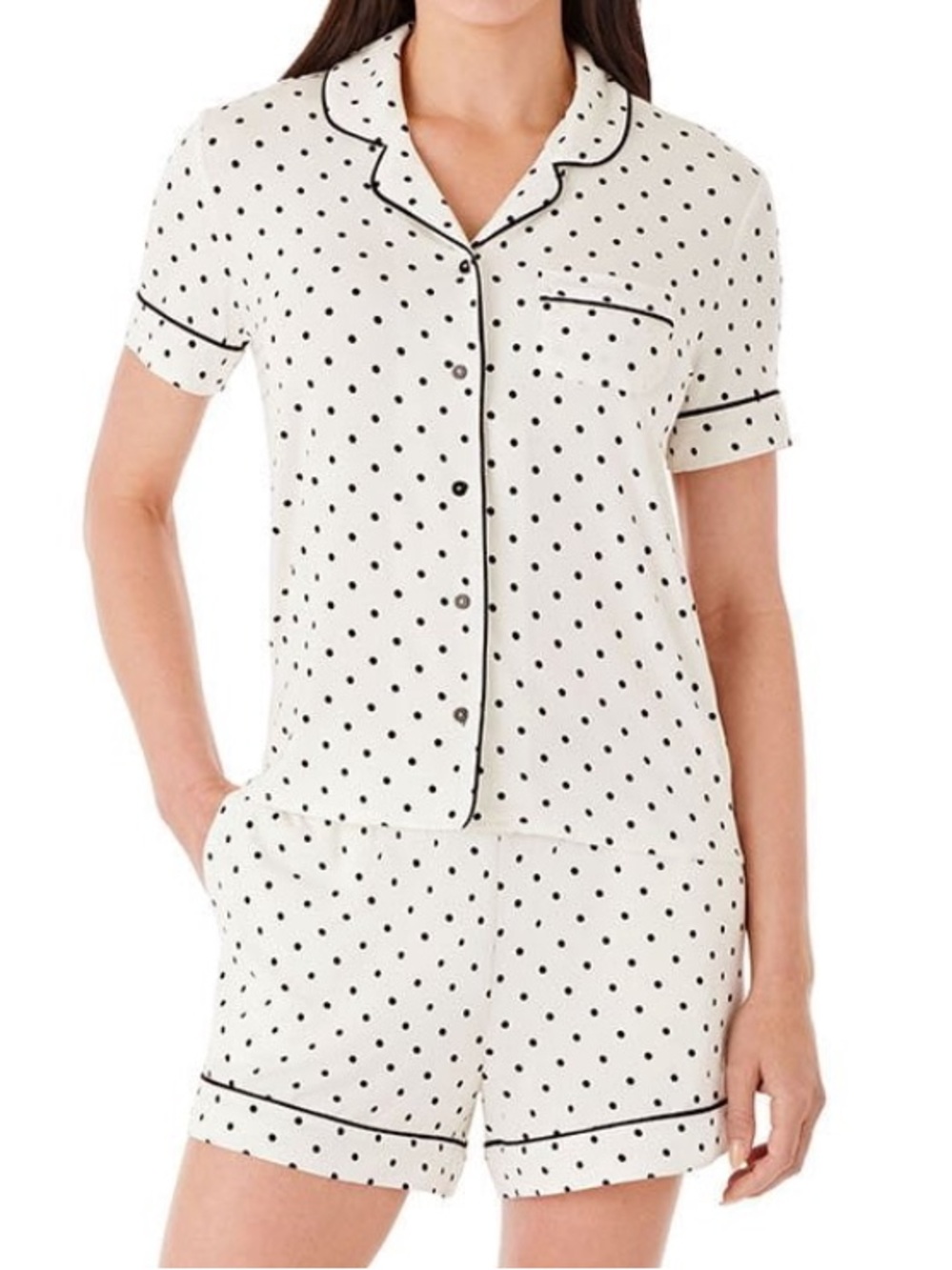 Members mark polka dot black white NOTCH COLLAR Pajama set shorts pocket NWT